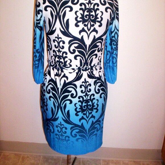 Loila Medium Paisley Print Round Neck Elastic Puff Sleeve Tie Belt Work Dress - Picture 7 of 11